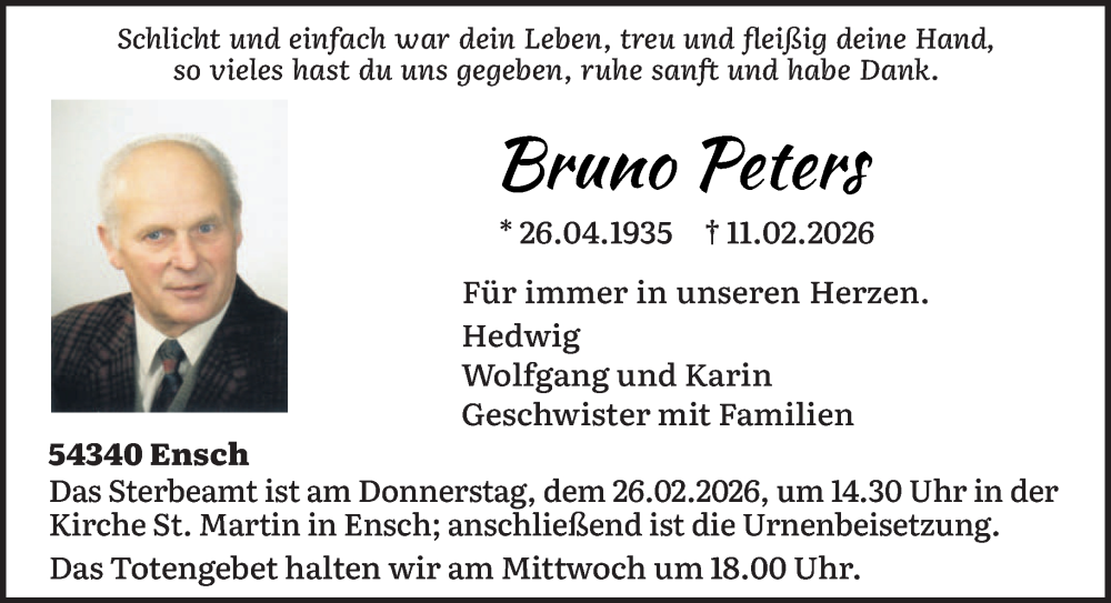  Traueranzeige für Bruno Peters vom 21.02.2026 aus trierischer_volksfreund
