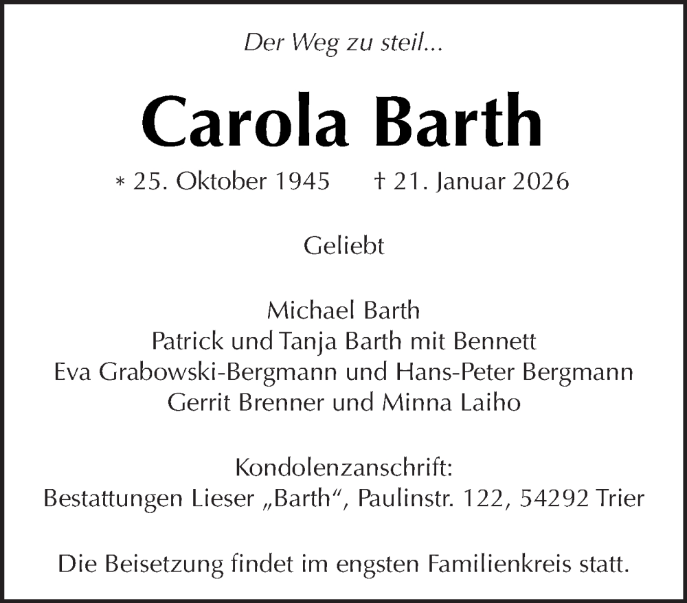  Traueranzeige für Carola Barth vom 31.01.2026 aus trierischer_volksfreund