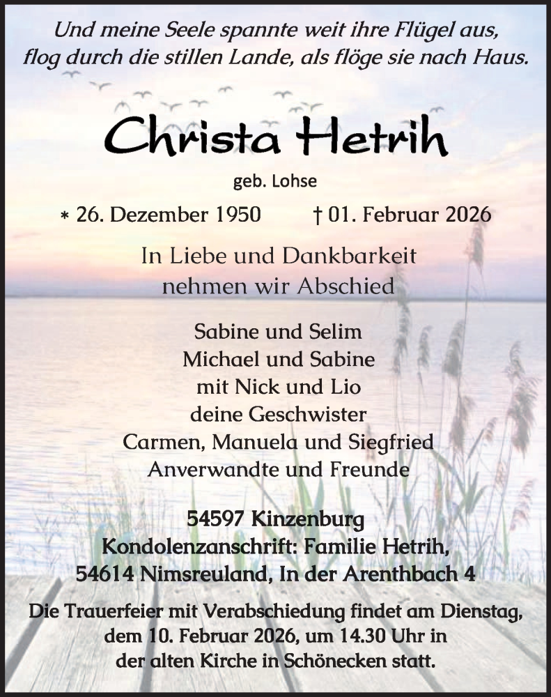  Traueranzeige für Christa Hetrih vom 07.02.2026 aus trierischer_volksfreund