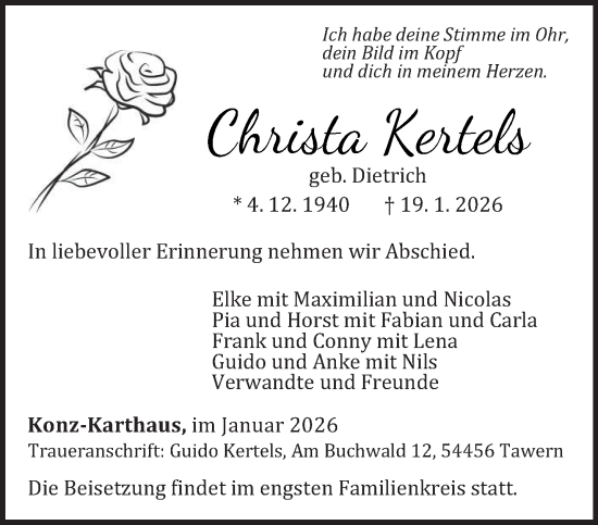 Traueranzeige von Christa Kertels von trierischer_volksfreund