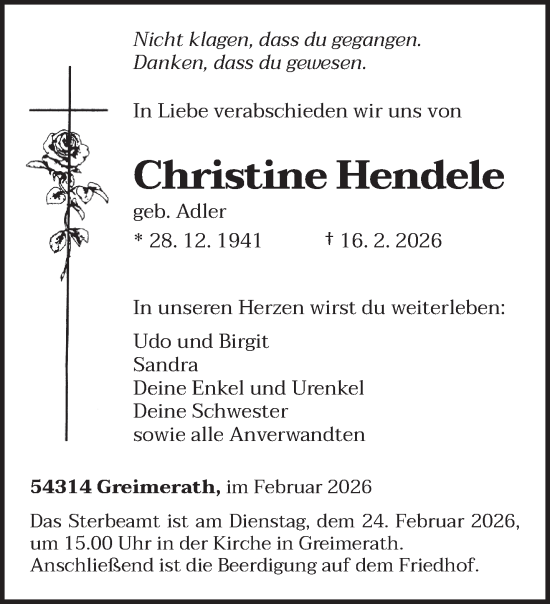 Traueranzeige von Christine Hendele von trierischer_volksfreund