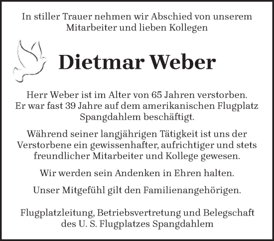 Traueranzeige von Dietmar Weber von trierischer_volksfreund