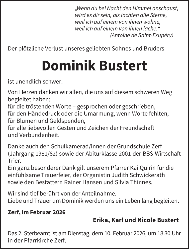  Traueranzeige für Dominik Bustert vom 07.02.2026 aus trierischer_volksfreund