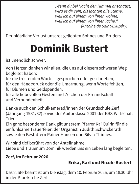 Traueranzeige von Dominik Bustert von trierischer_volksfreund