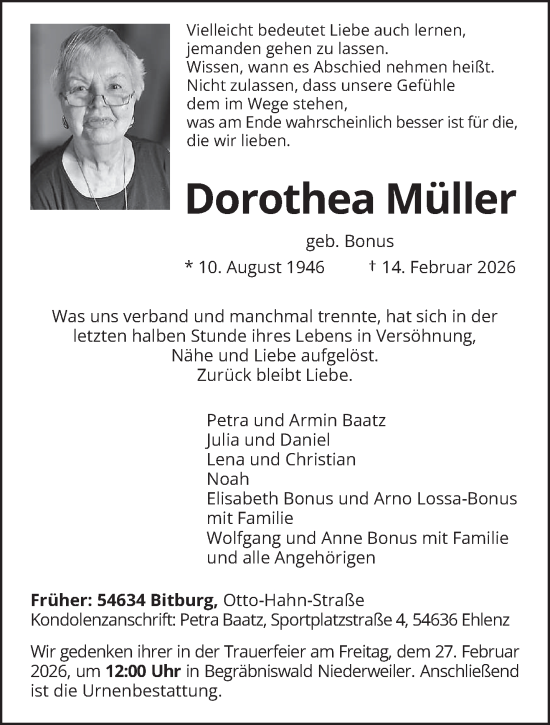 Traueranzeige von Dorothea Müller von trierischer_volksfreund