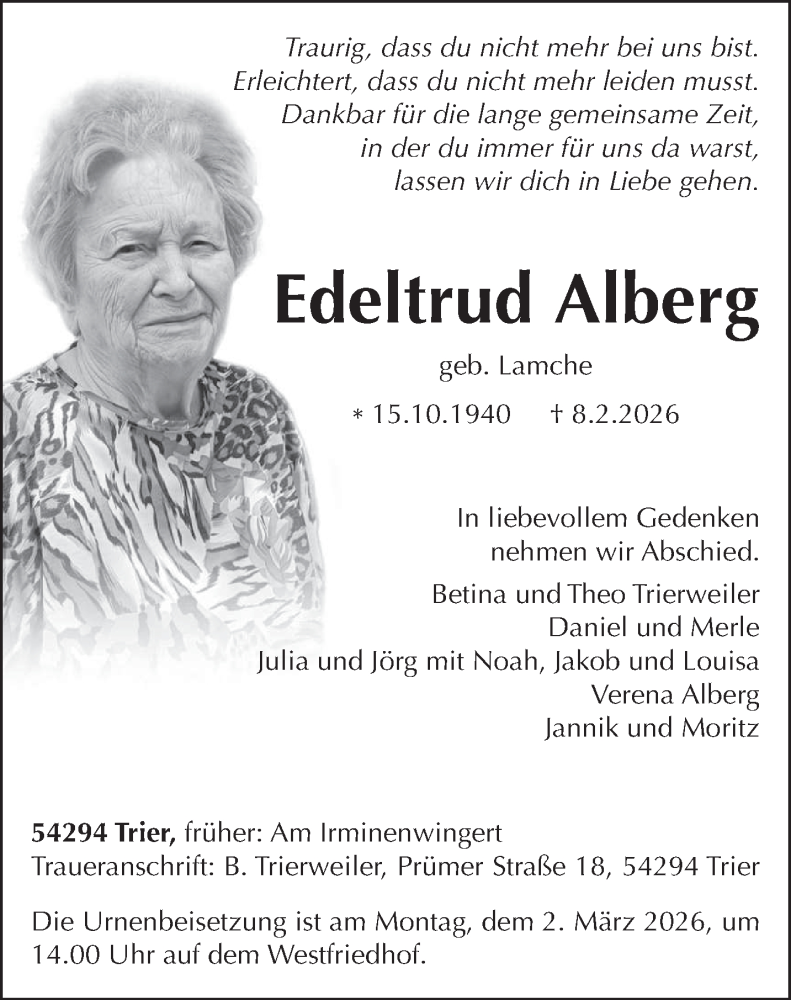  Traueranzeige für Edeltrud Alberg vom 25.02.2026 aus trierischer_volksfreund