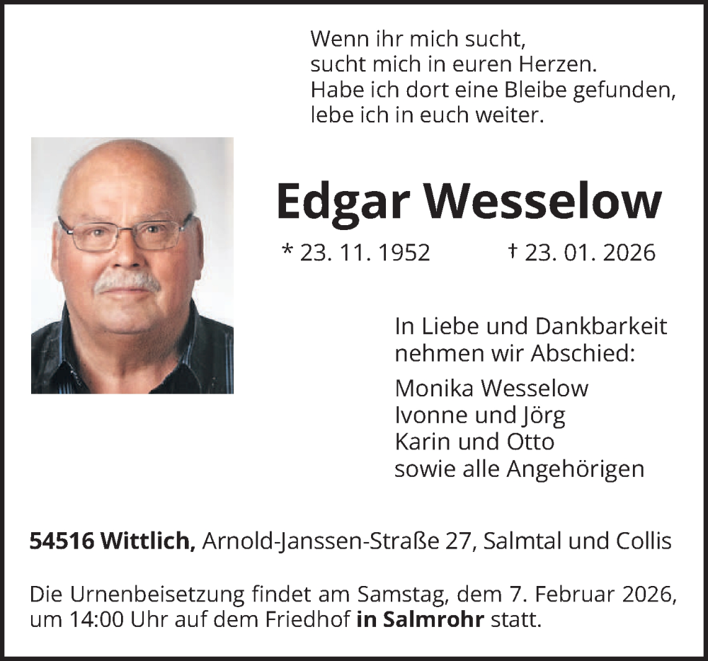  Traueranzeige für Edgar Wesselow vom 04.02.2026 aus trierischer_volksfreund