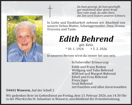 Traueranzeige von Edith Behrend von trierischer_volksfreund