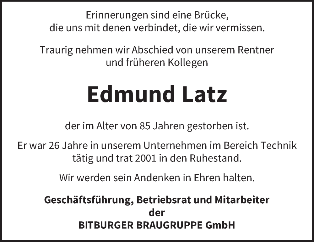  Traueranzeige für Edmund Latz vom 14.02.2026 aus trierischer_volksfreund