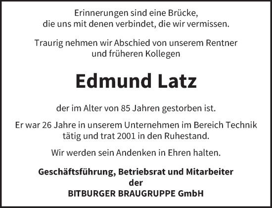 Traueranzeige von Edmund Latz von trierischer_volksfreund