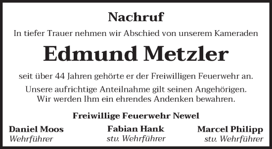 Traueranzeige von Edmund Metzler von trierischer_volksfreund