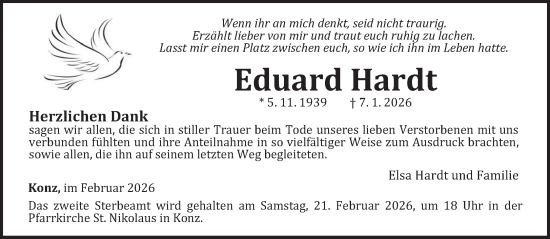 Traueranzeige von Eduard Hardt von trierischer_volksfreund