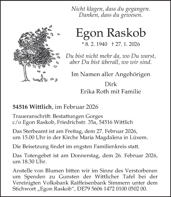 Traueranzeige von Egon Raskob von trierischer_volksfreund