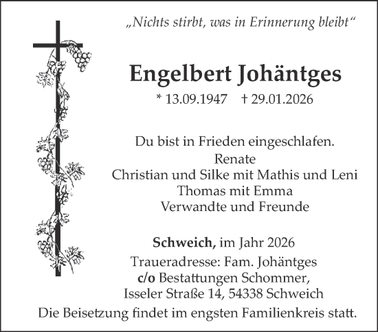 Traueranzeige von Engelbert Johäntges von trierischer_volksfreund