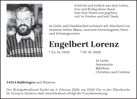 Traueranzeige von Engelbert Lorenz von trierischer_volksfreund