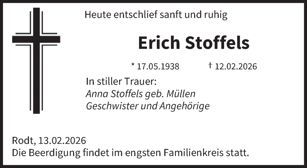  Traueranzeige für Erich Stoffels vom 16.02.2026 aus trierischer_volksfreund