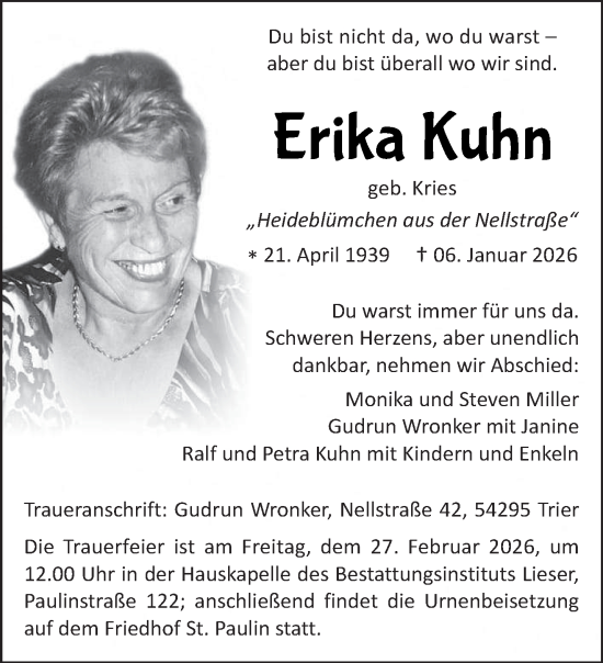 Traueranzeige von Erika Kuhn von trierischer_volksfreund