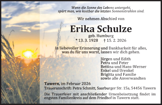 Traueranzeige von Erika Schulze von trierischer_volksfreund