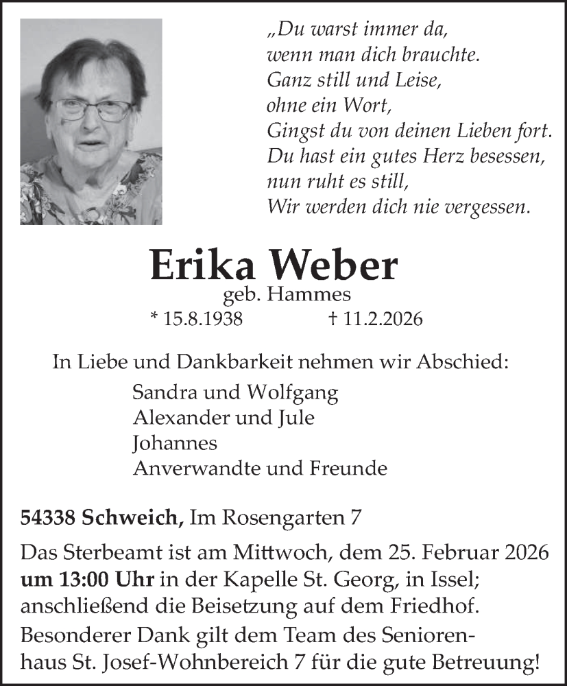  Traueranzeige für Erika Weber vom 21.02.2026 aus trierischer_volksfreund