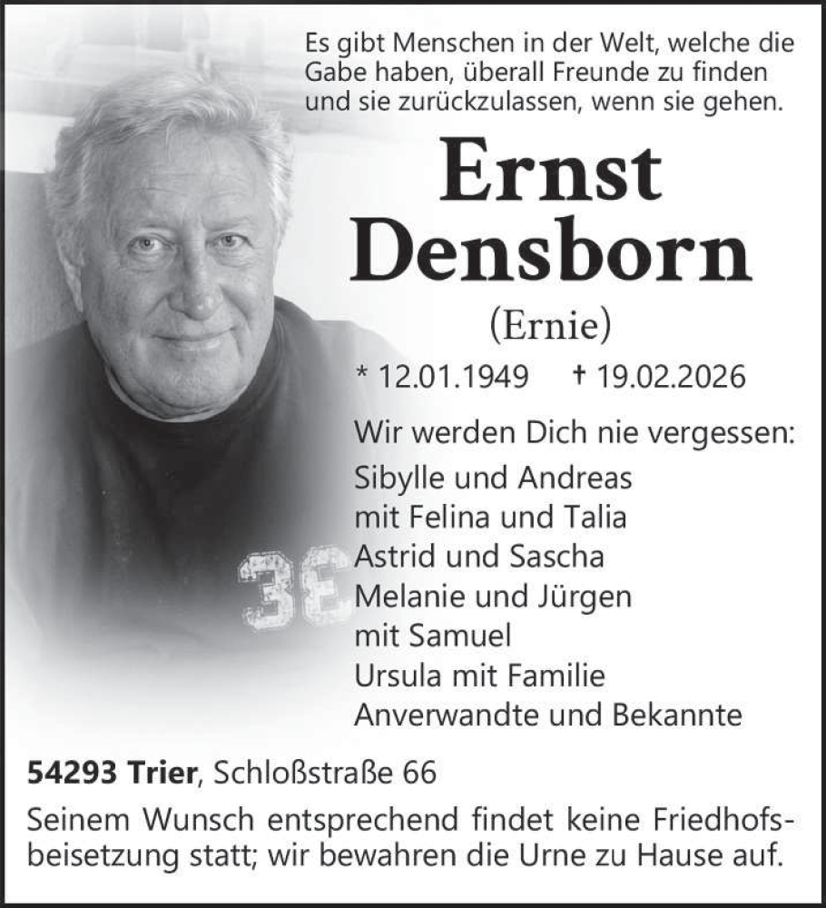  Traueranzeige für Ernst Densborn vom 28.02.2026 aus trierischer_volksfreund