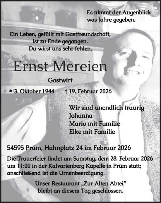 Traueranzeige von Ernst Mereien von trierischer_volksfreund