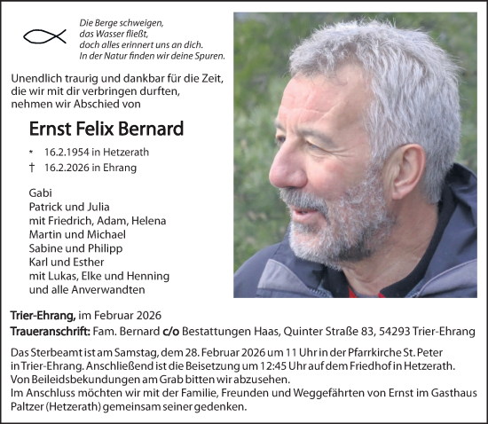 Traueranzeige von Ernst Felix Bernard von trierischer_volksfreund