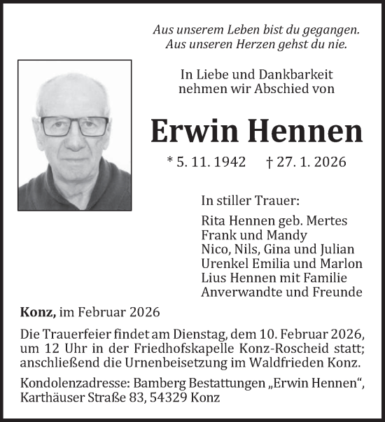 Traueranzeige von Erwin Hennen von trierischer_volksfreund