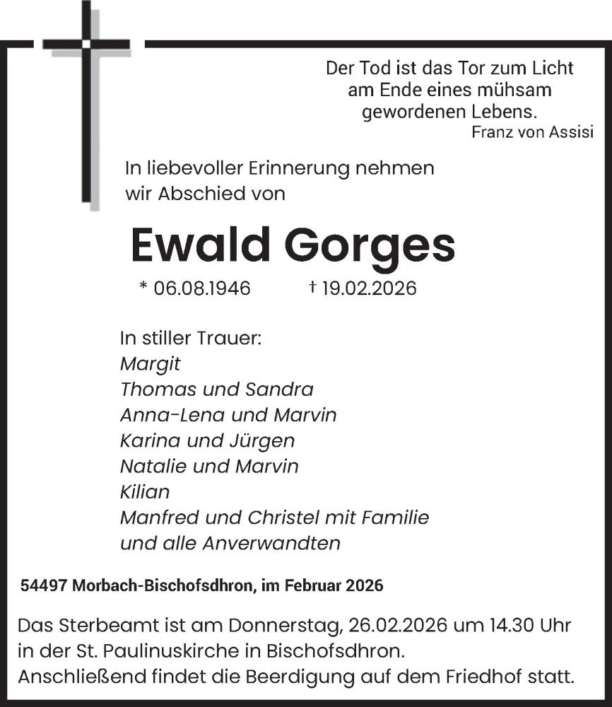  Traueranzeige für Ewald Gorges vom 24.02.2026 aus trierischer_volksfreund