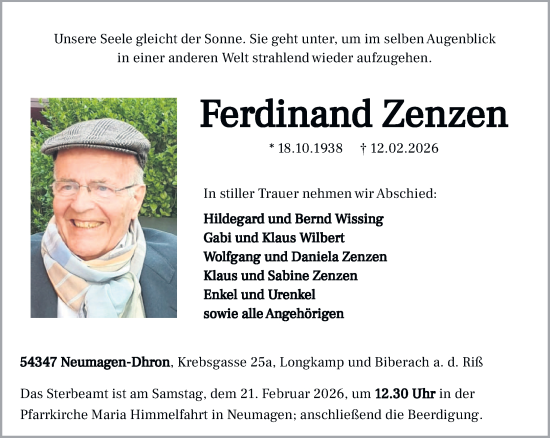 Traueranzeige von Ferdinand Zenzen von trierischer_volksfreund