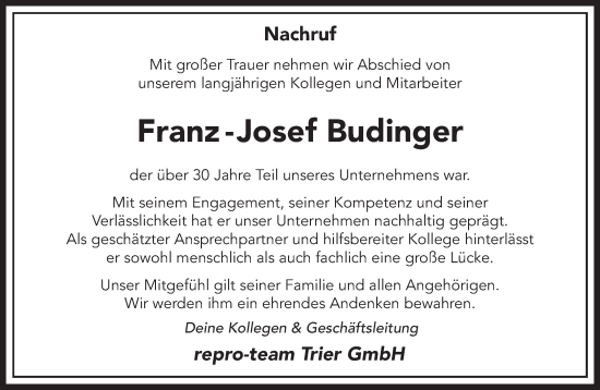 Traueranzeige von Franz-Josef Budinger von trierischer_volksfreund