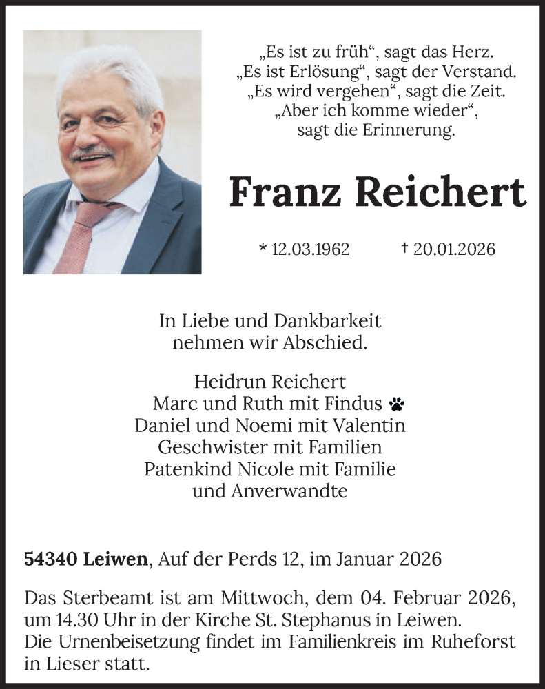  Traueranzeige für Franz Reichert vom 31.01.2026 aus trierischer_volksfreund