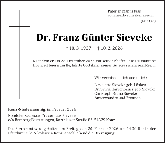 Traueranzeige von Franz Günter Sieveke von trierischer_volksfreund