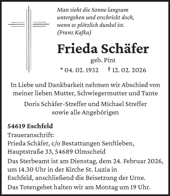 Traueranzeige von Frieda Schäfer von trierischer_volksfreund