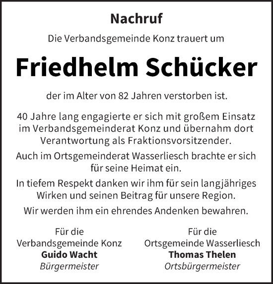 Traueranzeige von Friedhelm Schücker von trierischer_volksfreund