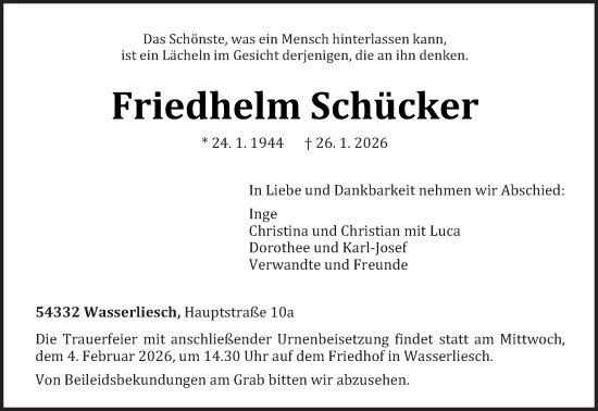 Traueranzeige von Friedhelm Schücker von trierischer_volksfreund