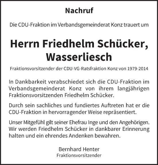 Traueranzeige von Friedhelm Schücker von trierischer_volksfreund