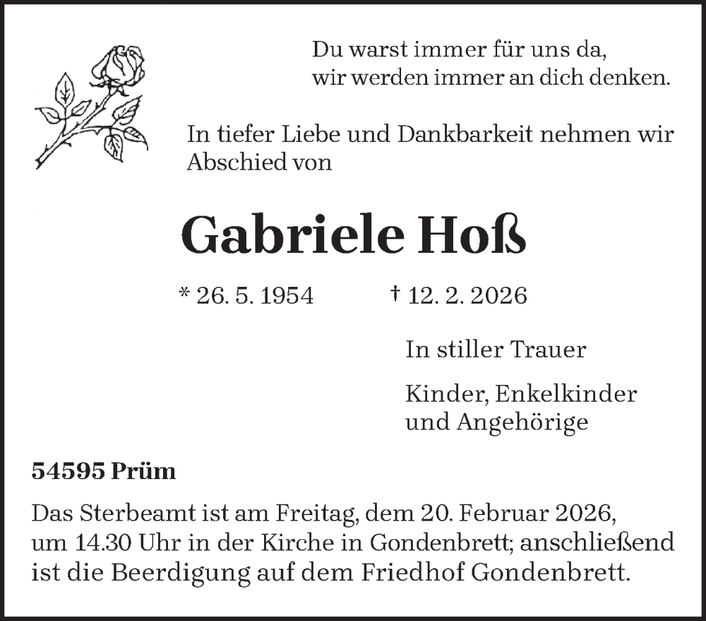  Traueranzeige für Gabriele Hoß vom 18.02.2026 aus trierischer_volksfreund