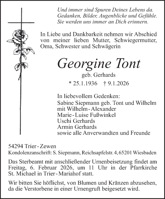 Traueranzeige von Georgine Tont von trierischer_volksfreund
