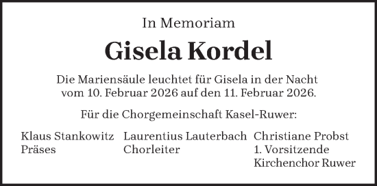 Traueranzeige von Gisela Kordel von trierischer_volksfreund