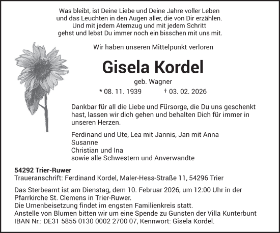 Traueranzeige von Gisela Kordel von trierischer_volksfreund