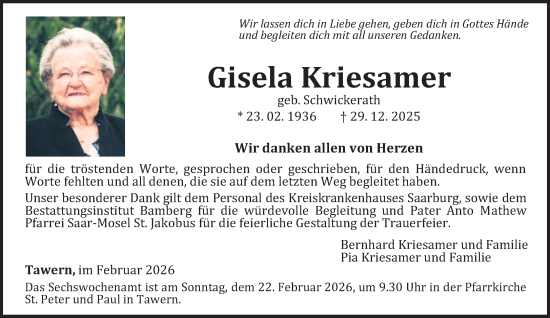 Traueranzeige von Gisela Kriesamer von trierischer_volksfreund