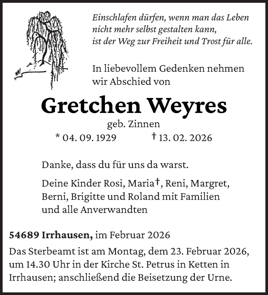  Traueranzeige für Gretchen Weyres vom 18.02.2026 aus trierischer_volksfreund