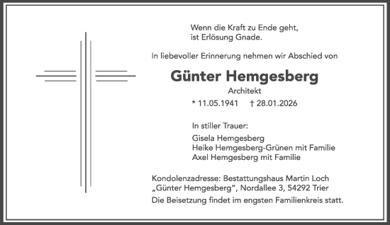 Traueranzeige von Günter Hemgesberg von trierischer_volksfreund
