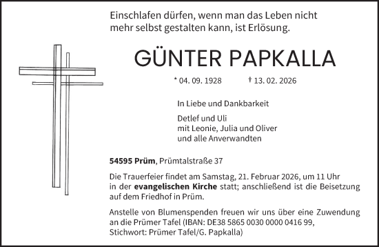 Traueranzeige von Günter Papkalla von trierischer_volksfreund