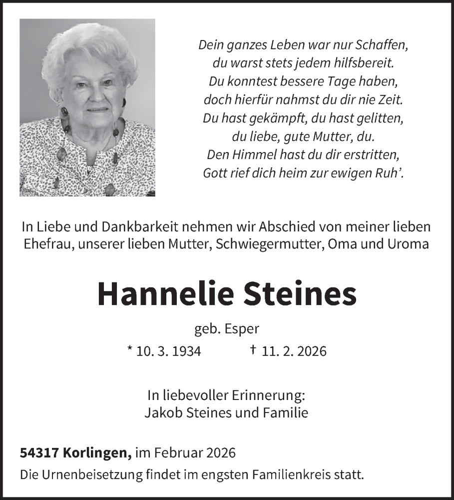  Traueranzeige für Hannelie Steines vom 21.02.2026 aus trierischer_volksfreund