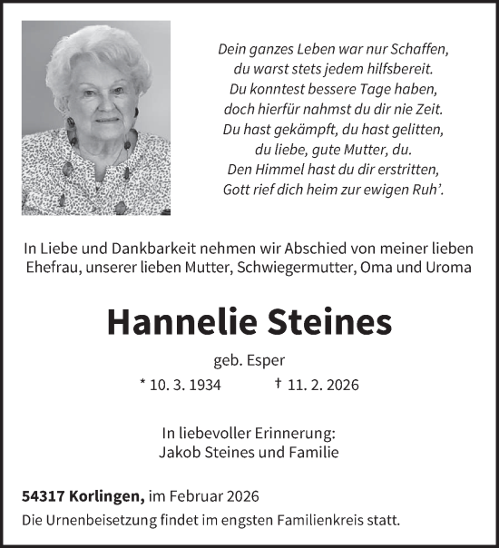 Traueranzeige von Hannelie Steines von trierischer_volksfreund