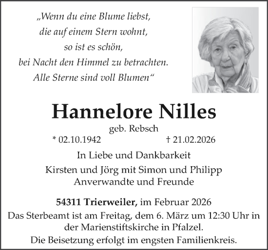 Traueranzeige von Hannelore Nilles von trierischer_volksfreund