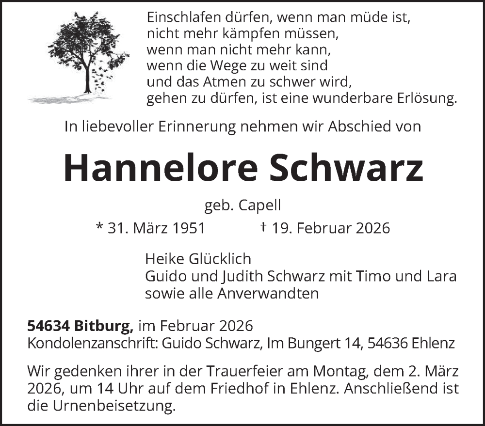  Traueranzeige für Hannelore Schwarz vom 25.02.2026 aus trierischer_volksfreund