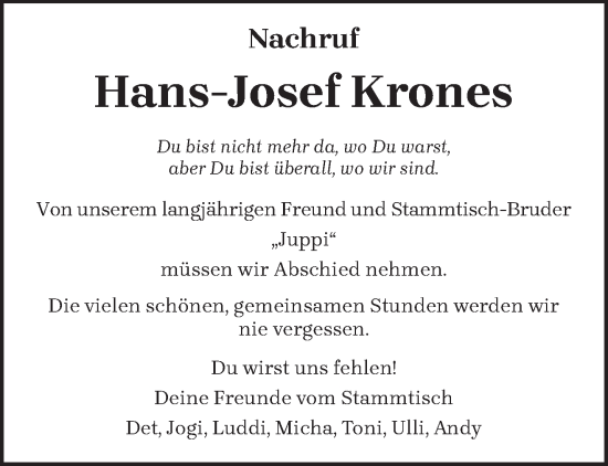 Traueranzeige von Hans-Josef Krones von trierischer_volksfreund