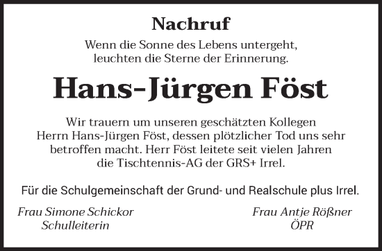 Traueranzeige von Hans-Jürgen Föst von trierischer_volksfreund